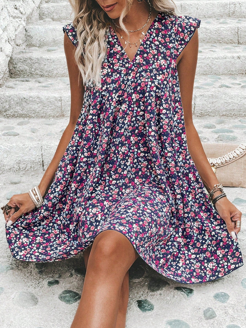 Vestido smock con estampado floral ribete con fruncido