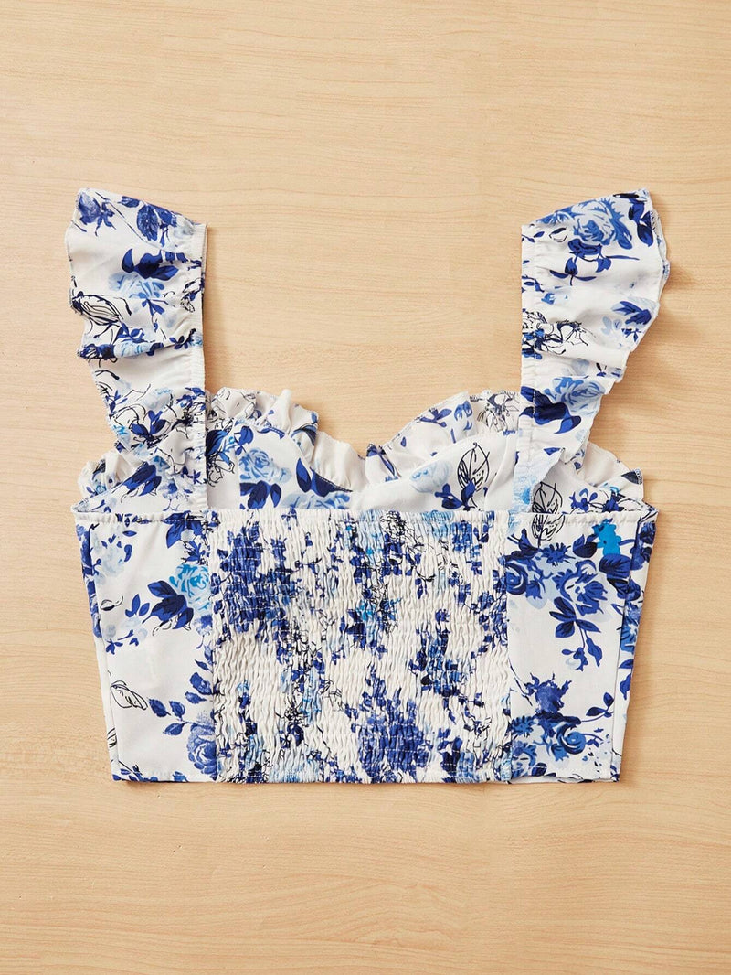 WYWH Top crop bustier con estampado floral ribete con fruncido fruncido