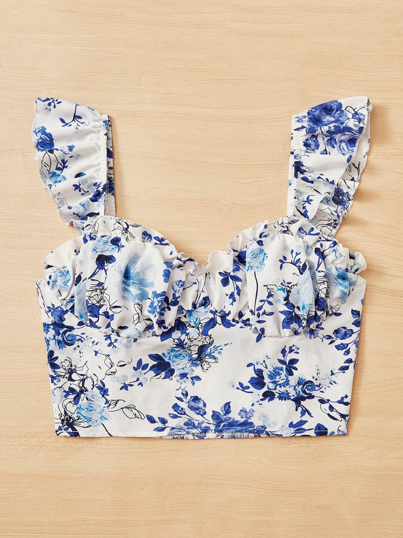 WYWH Top crop bustier con estampado floral ribete con fruncido fruncido