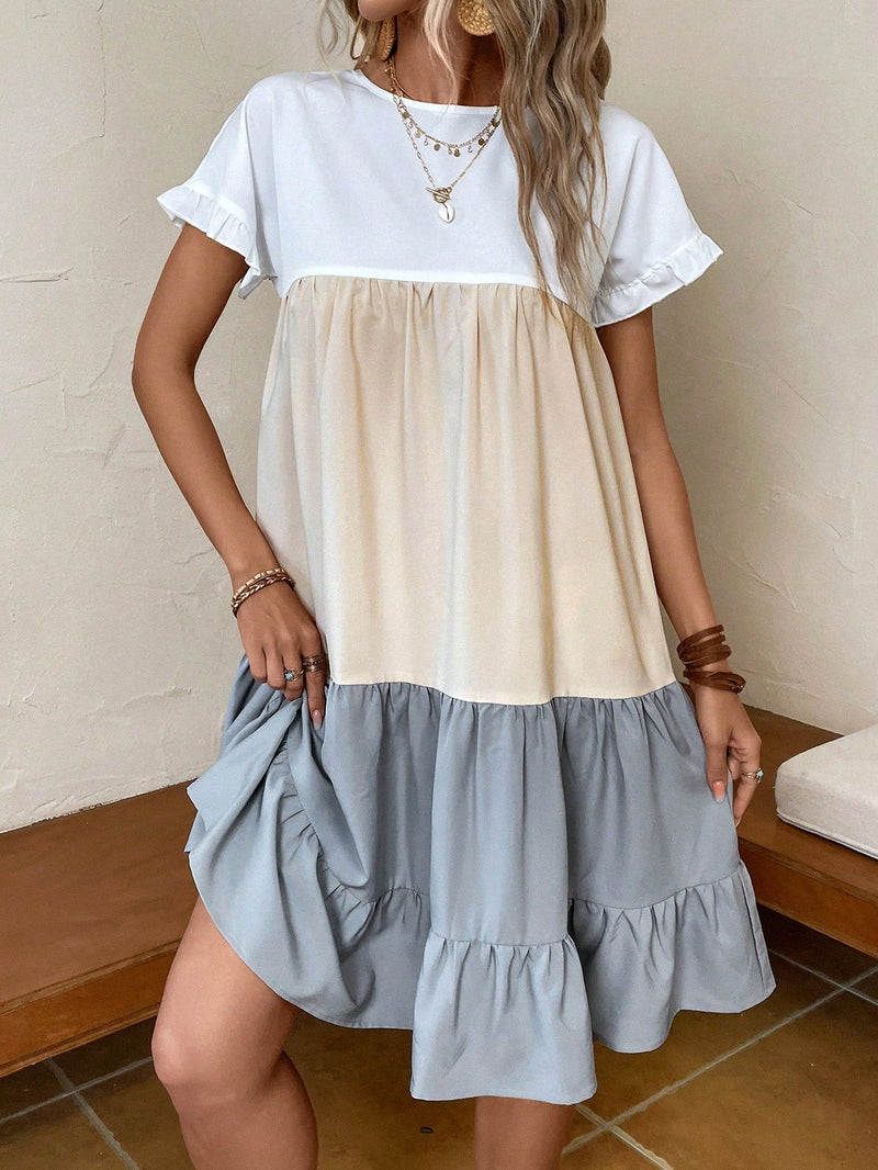 VCAY Vestido smock de color combinado bajo con fruncido