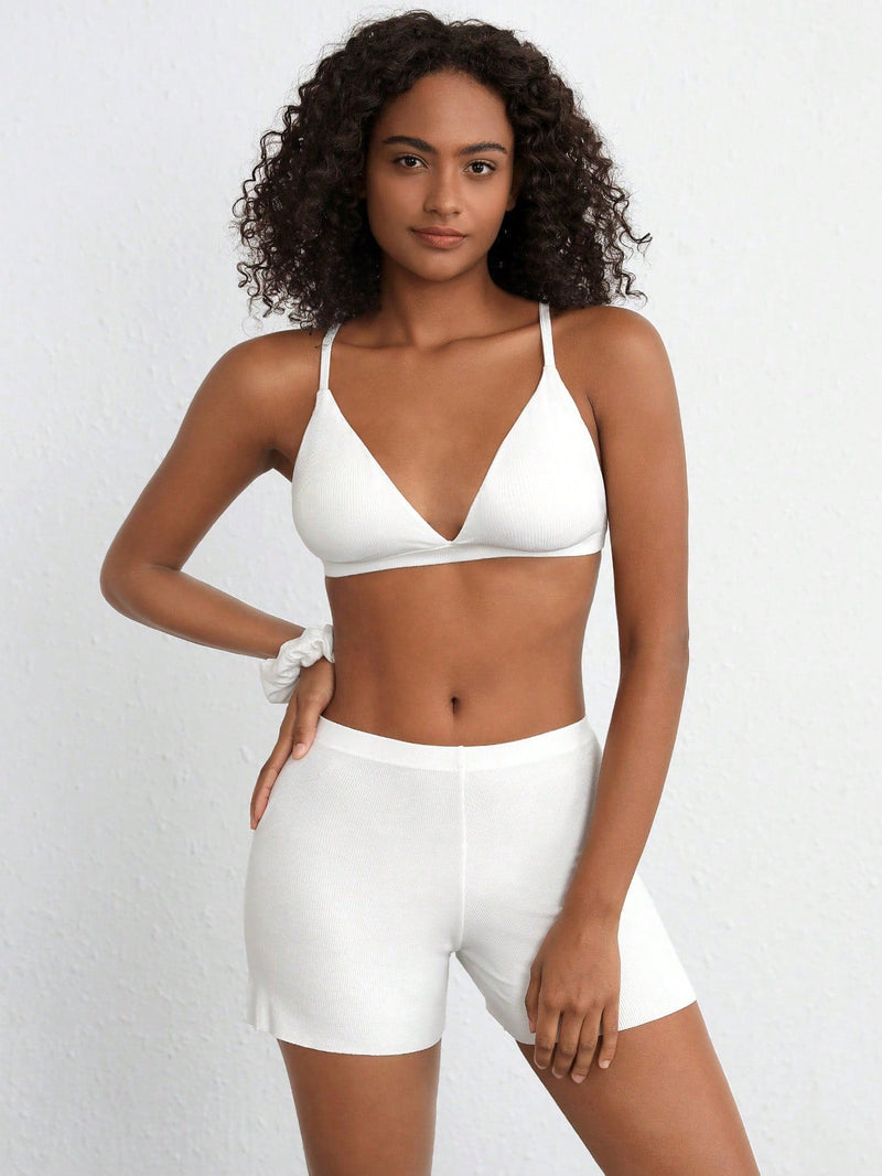 Leisure Juego De Bralette Y Pantalones Cortos Y Scrunchie Suave Y Transpirable En Forma De Triangulo-blanco