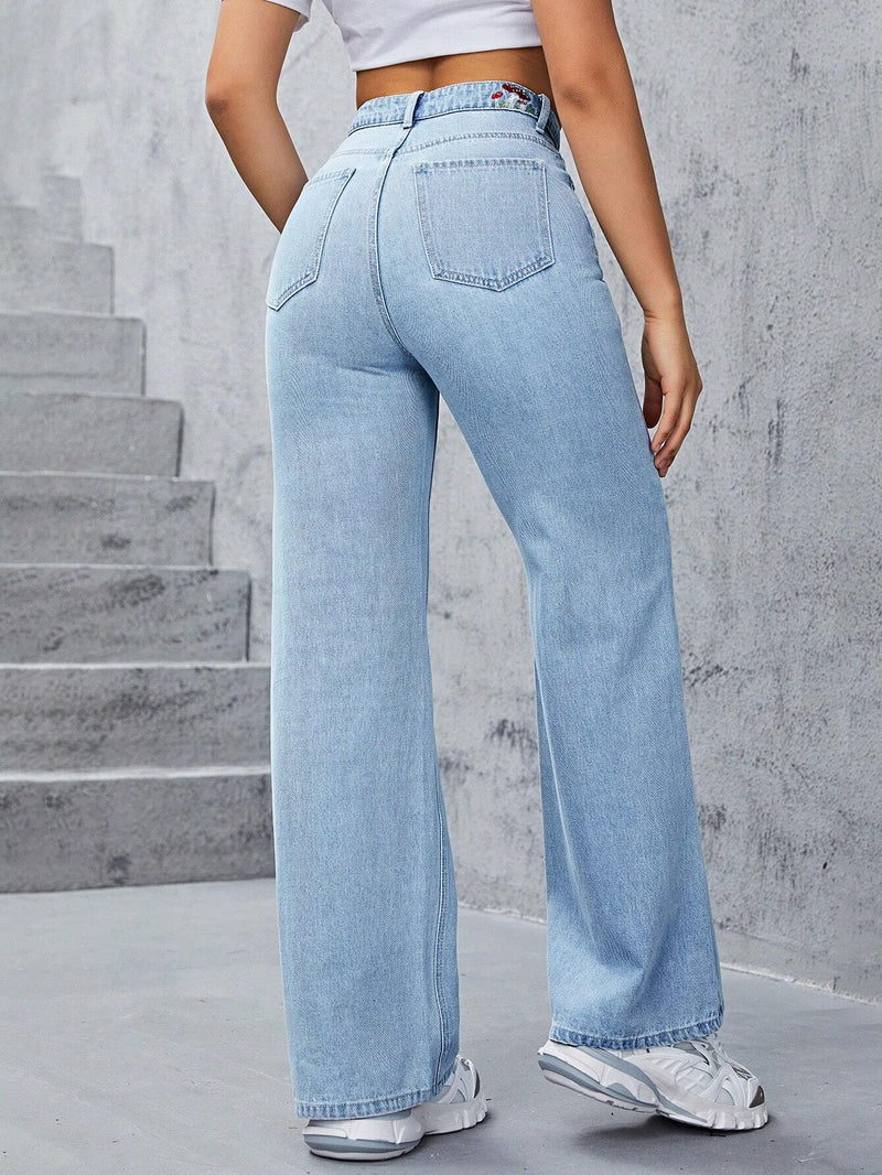 EZwear Jeans desgarro de pierna ancha con bordado de Conjuntoa