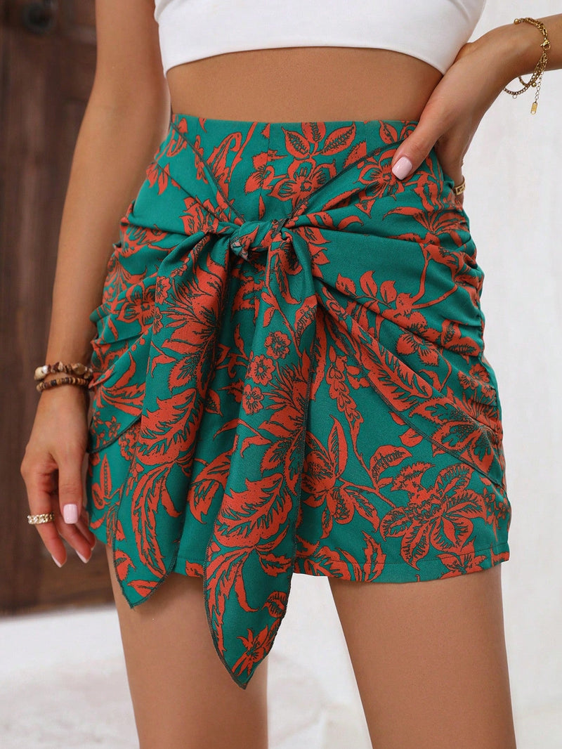 VCAY Skort con estampado tropical con nudo delantero