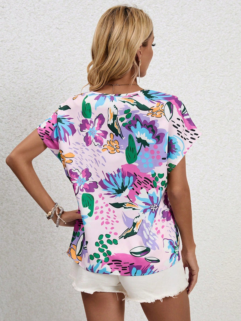 VCAY Blusa con estampado floral de cuello de muesca de manga murcielago