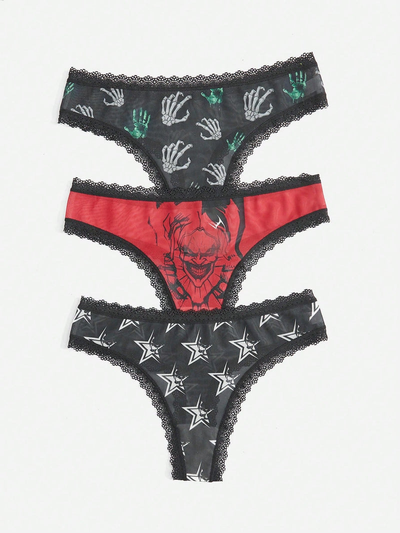 Romwe grunge punk 3 piezas tanga con estampado de mano de calavera oscura y estrella con ribetes de encaje