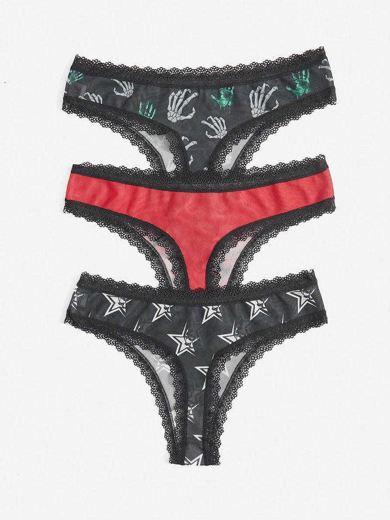 Romwe grunge punk 3 piezas tanga con estampado de mano de calavera oscura y estrella con ribetes de encaje