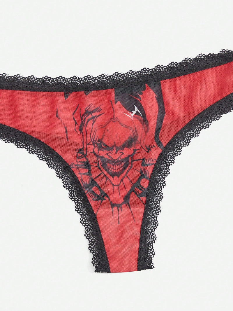 Romwe grunge punk 3 piezas tanga con estampado de mano de calavera oscura y estrella con ribetes de encaje