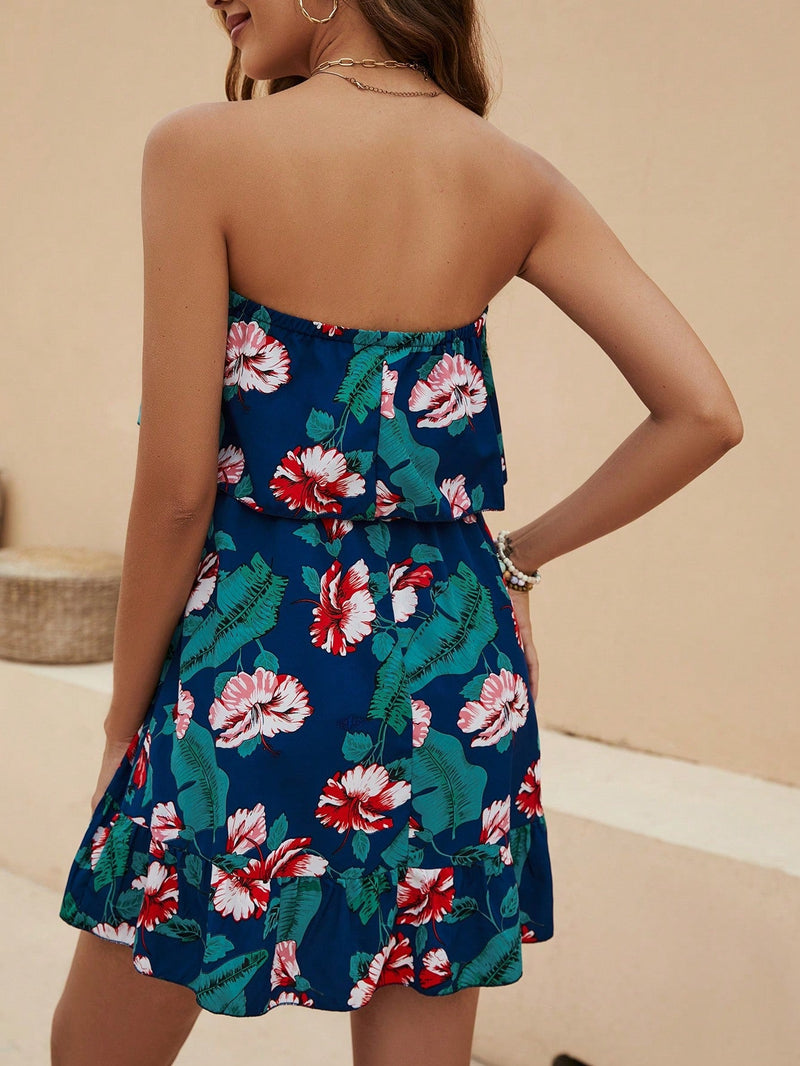 VCAY Vestido tubo con estampado floral bajo con fruncido