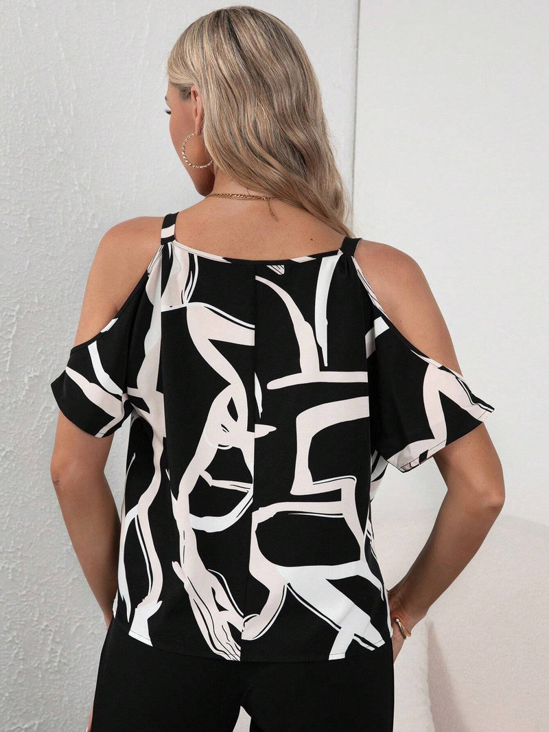 Blusa Allover Print Con Dees De Cadena En El Hombro Descubierto, Top Con Hombros Descubiertos