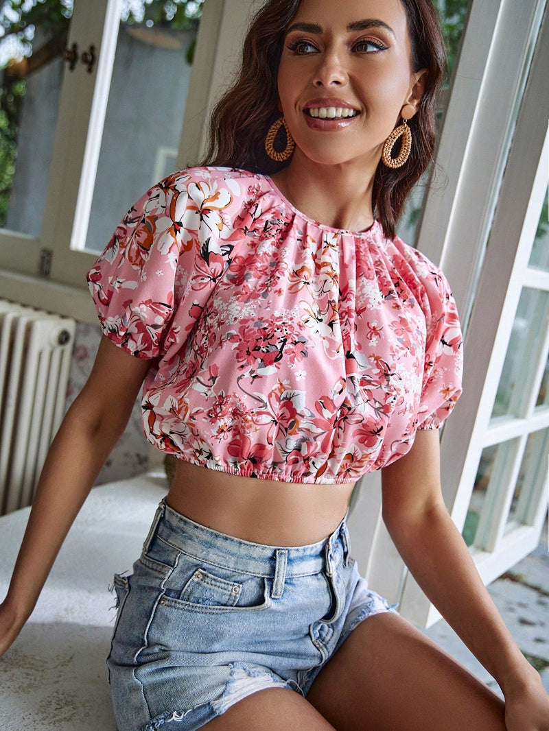 VCAY Camisa crop con estampado floral de manga farol