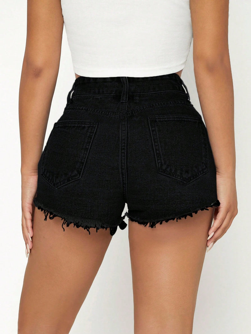 PETITE Shorts en mezclilla de talle alto bajo crudo