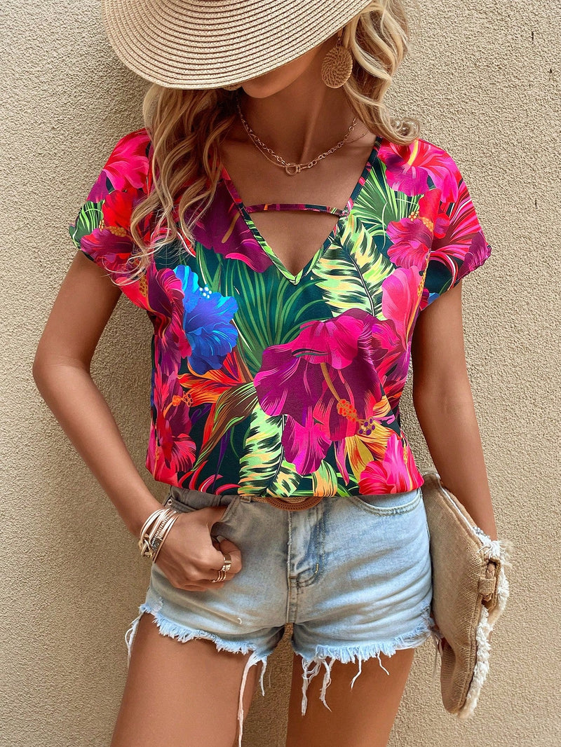 VCAY Blusa con estampado tropical con abertura de manga murcielago