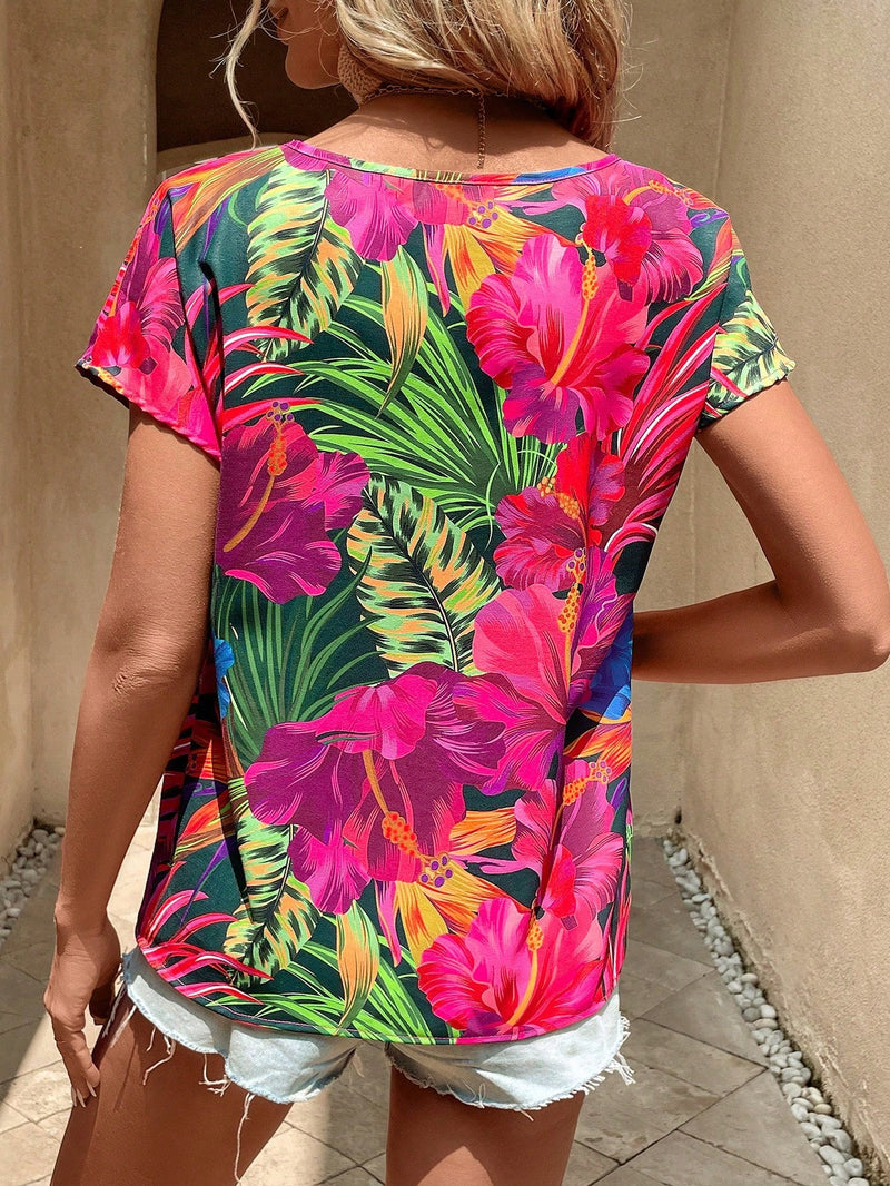 VCAY Blusa con estampado tropical con abertura de manga murcielago