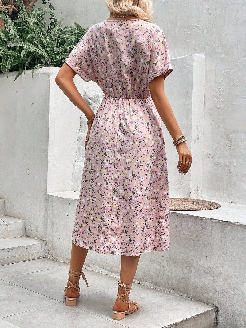 VCAY Vestido con estampado floral de cintura con cordon bajo con fruncido