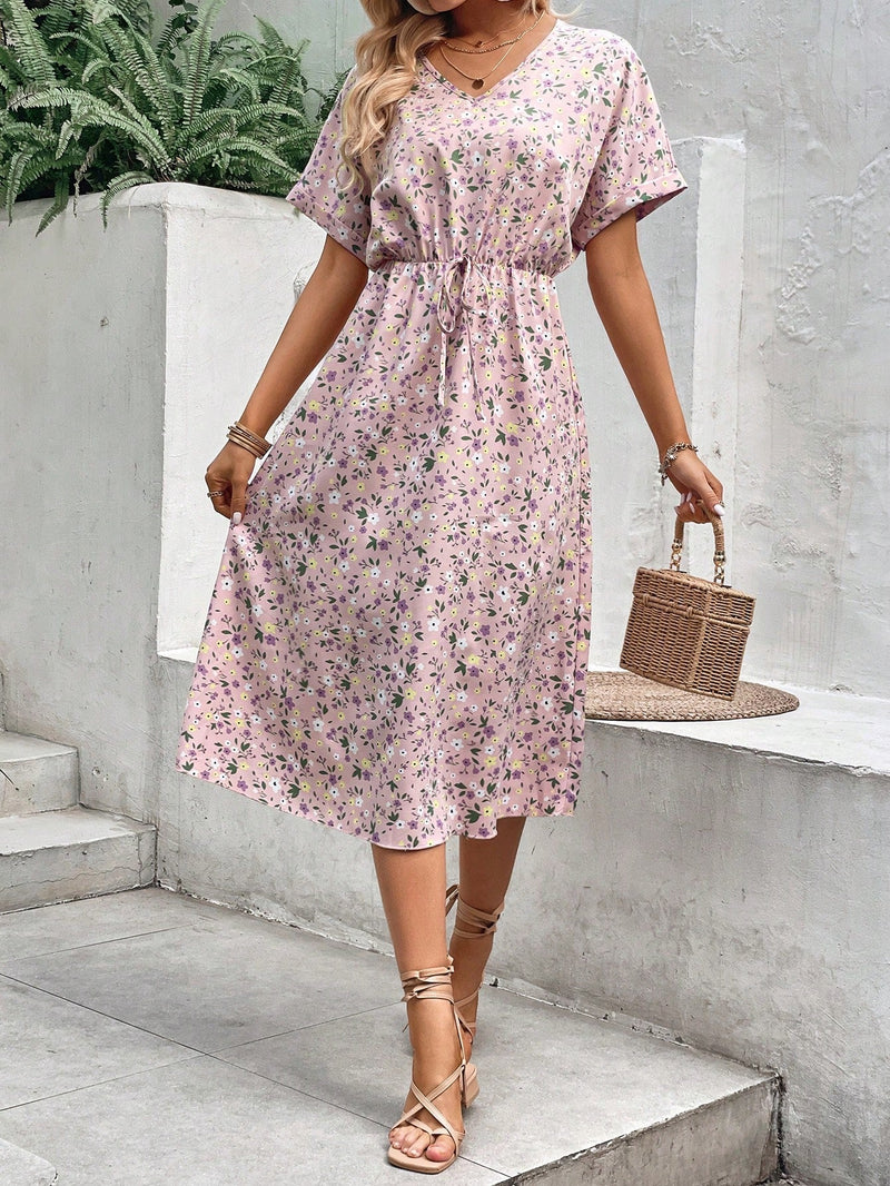 VCAY Vestido con estampado floral de cintura con cordon bajo con fruncido