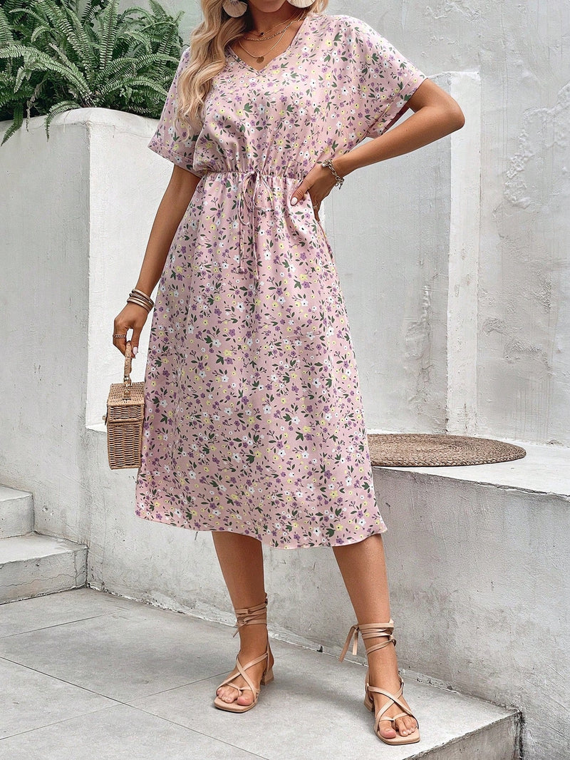 VCAY Vestido con estampado floral de cintura con cordon bajo con fruncido