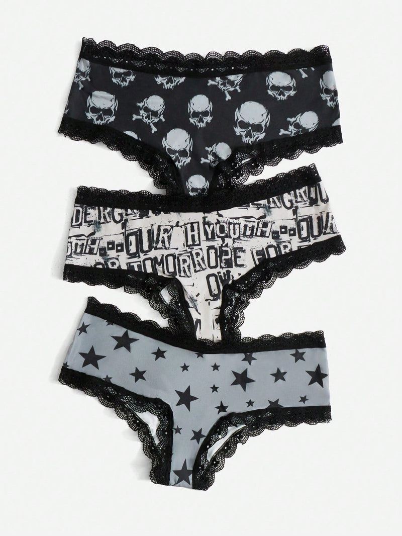 ROMWE Grunge Punk 3 piezas Set bragas de craneo & con estampado de estrella con encaje en contraste