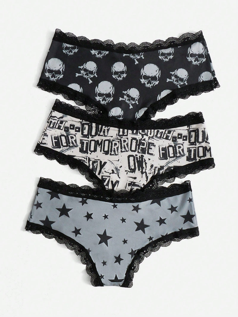 ROMWE Grunge Punk 3 piezas Set bragas de craneo & con estampado de estrella con encaje en contraste