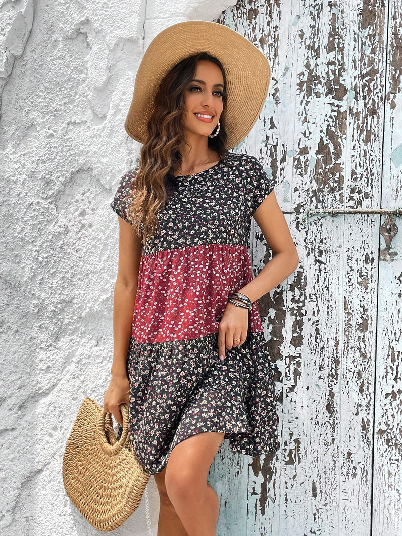 Emery rose vestido casual de vacaciones con mangas de murcielago, cuello con volantes y estampado de tenido anudado para mujer