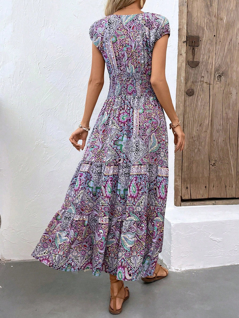 VCAY Vestido con estampado de paisley de cintura fruncido bajo con fruncido