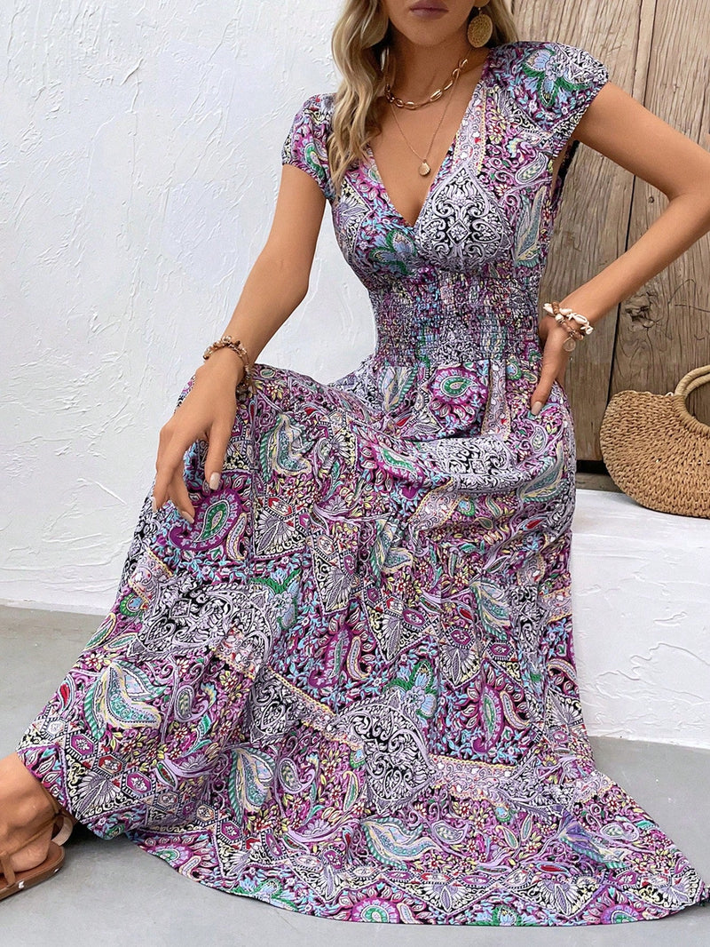 VCAY Vestido con estampado de paisley de cintura fruncido bajo con fruncido