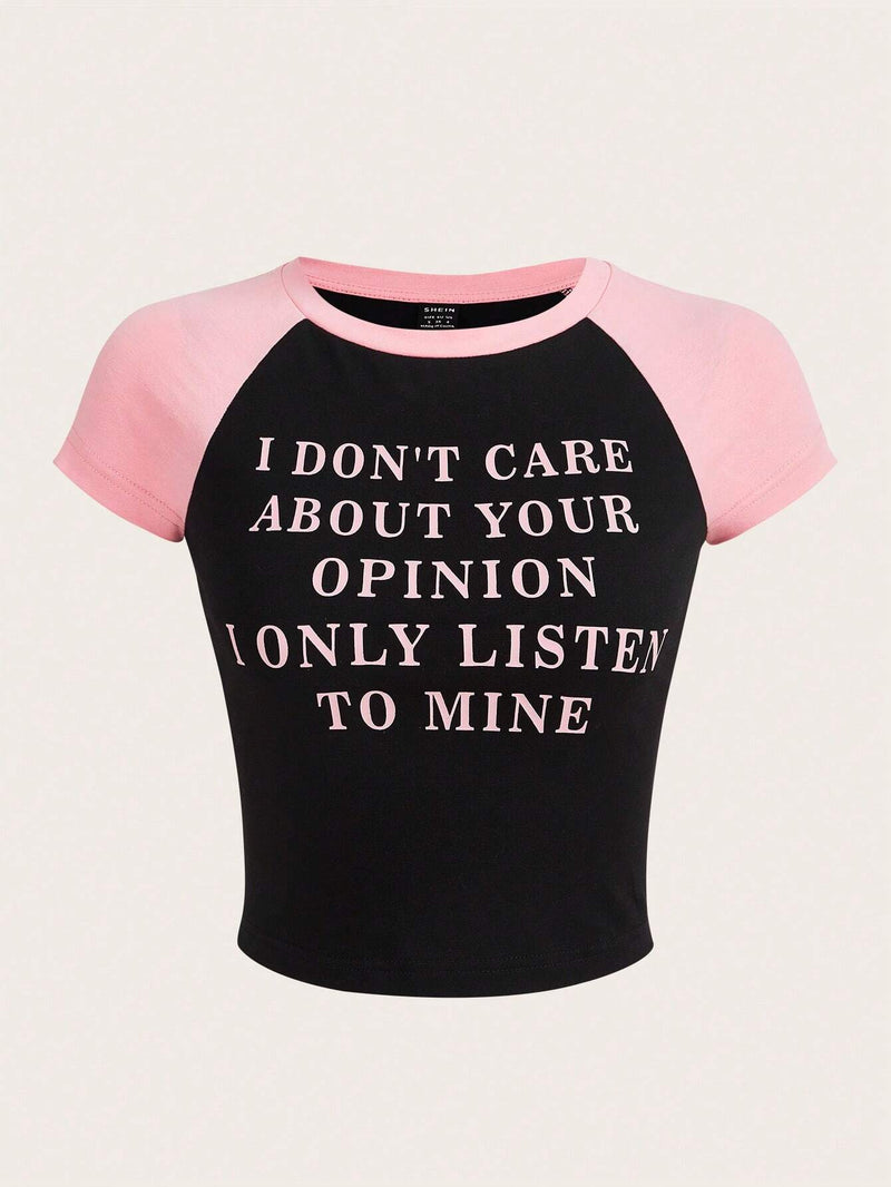 EZwear Camiseta crop con estampado de slogan de manga raglan