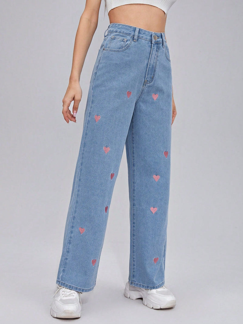 Frenchy Jeans de pierna ancha con corazon con bordado con cremallera