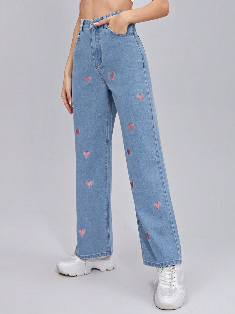 Frenchy Jeans de pierna ancha con corazon con bordado con cremallera