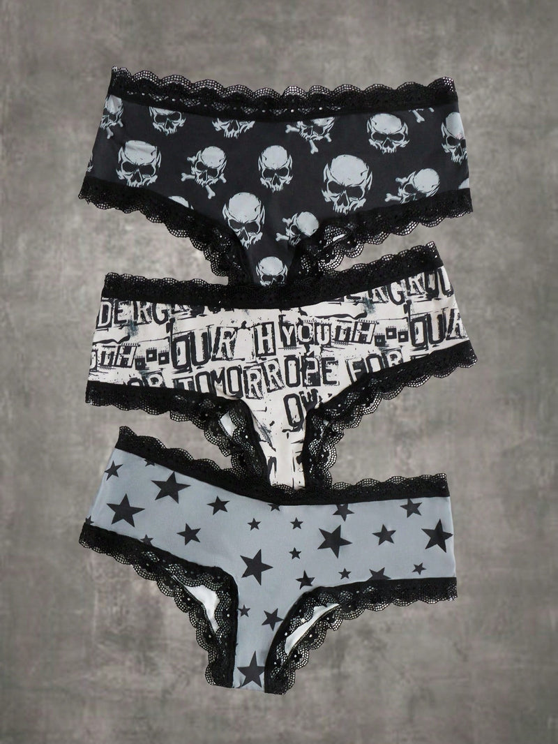 ROMWE Grunge Punk 3 piezas Set bragas de craneo & con estampado de estrella con encaje en contraste