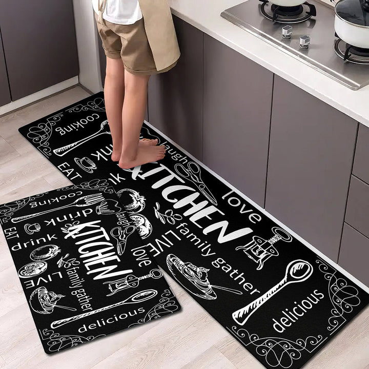 1 pieza, alfombrilla de pila larga con diseño "Me encanta mi familia" con ilustraciones negras y blancas, lavable en máquina, poliéster, ideal para decoración de cocina o entrada.