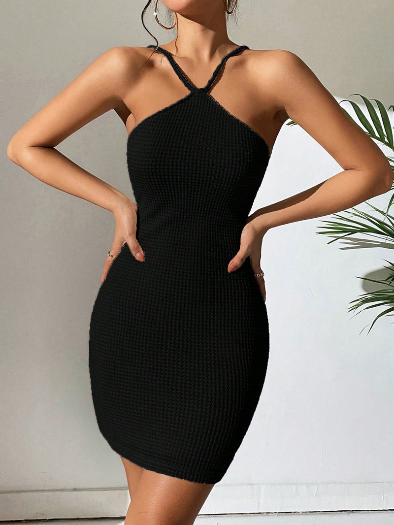 SXY Vestido ajustado de tirantes tejido waffle de espalda abierta