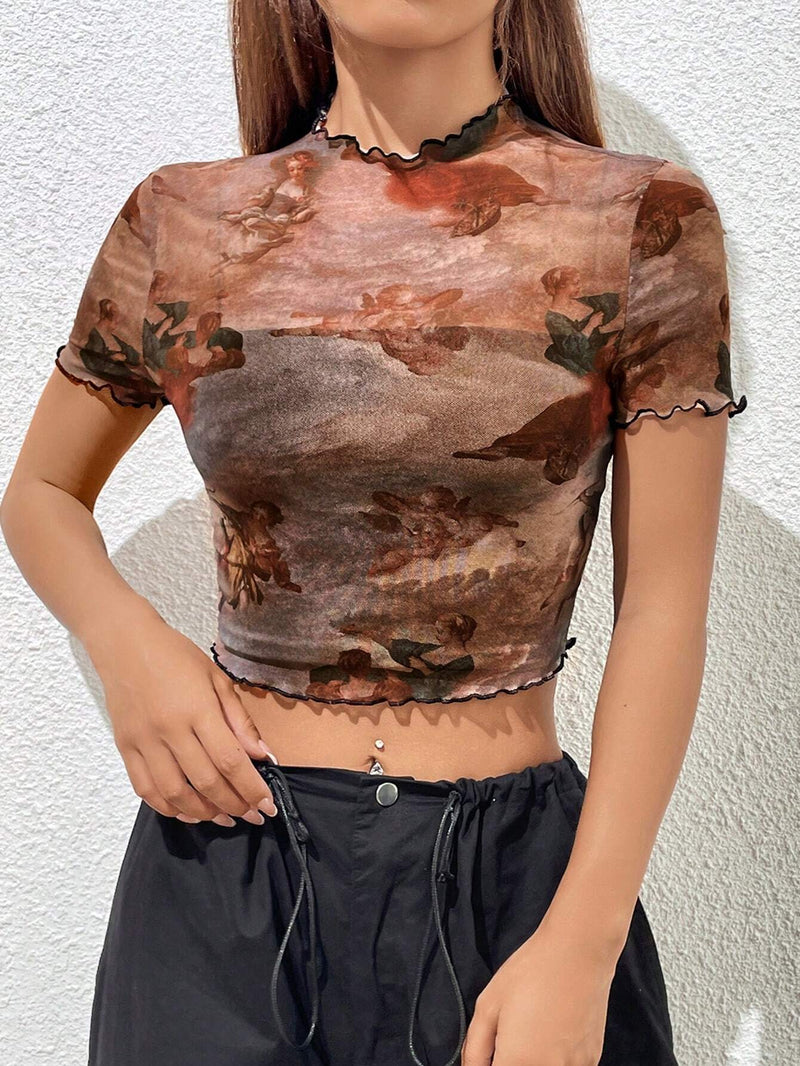 EZwear Top con estampado de figura ribete en forma de lechuga de malla sin camisola