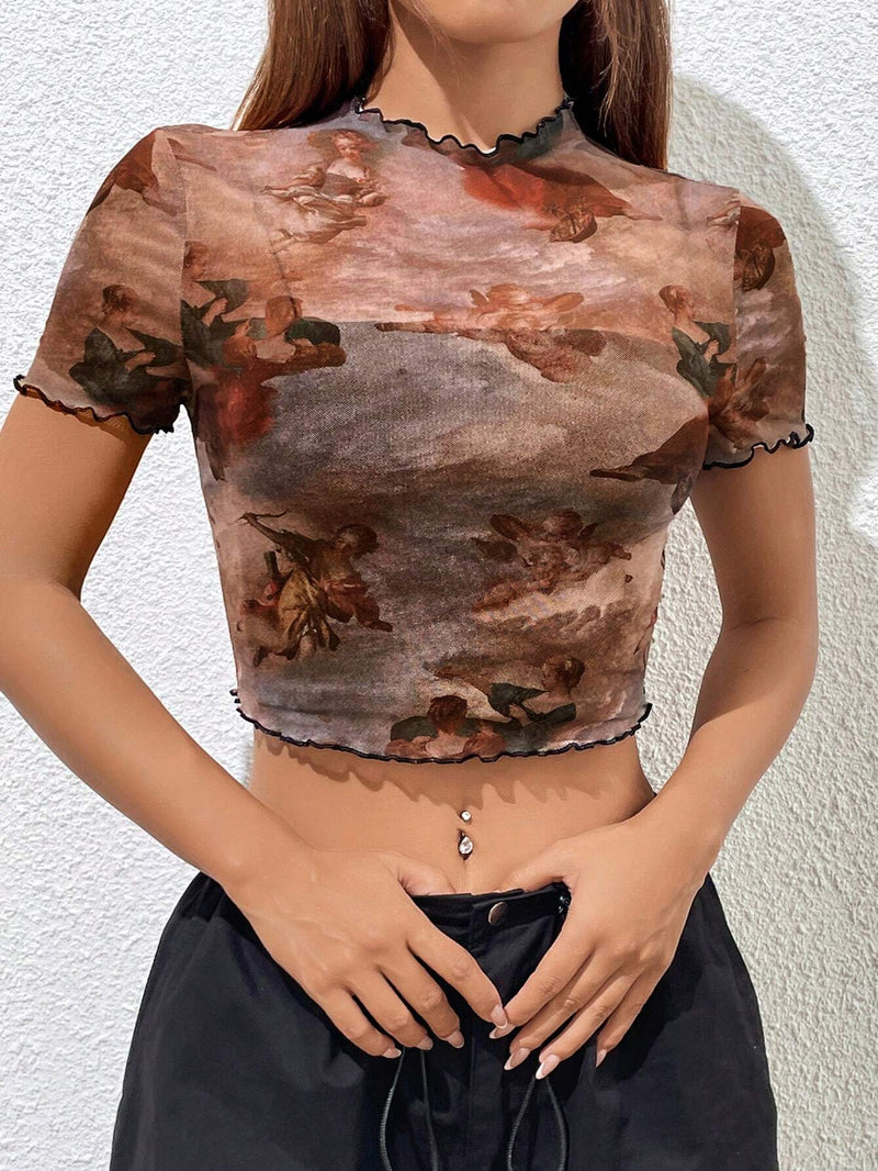 EZwear Top con estampado de figura ribete en forma de lechuga de malla sin camisola