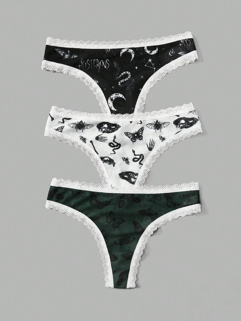 ROMWE Goth 3 piezas Set tanga serpiente & con estampado de mariposa con encaje en contraste