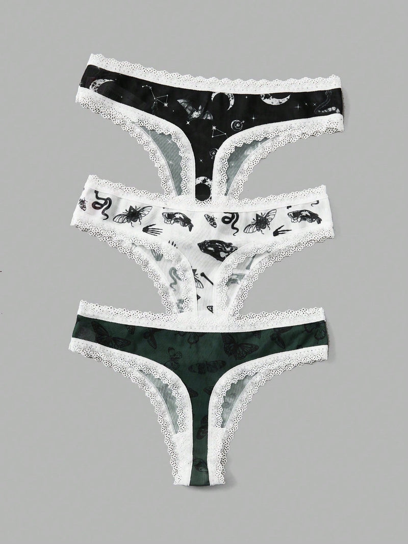 ROMWE Goth 3 piezas Set tanga serpiente & con estampado de mariposa con encaje en contraste