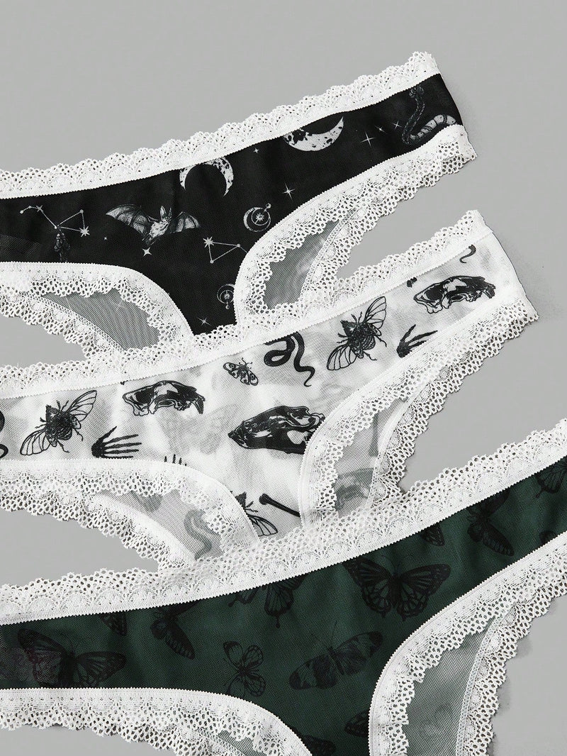 ROMWE Goth 3 piezas Set tanga serpiente & con estampado de mariposa con encaje en contraste