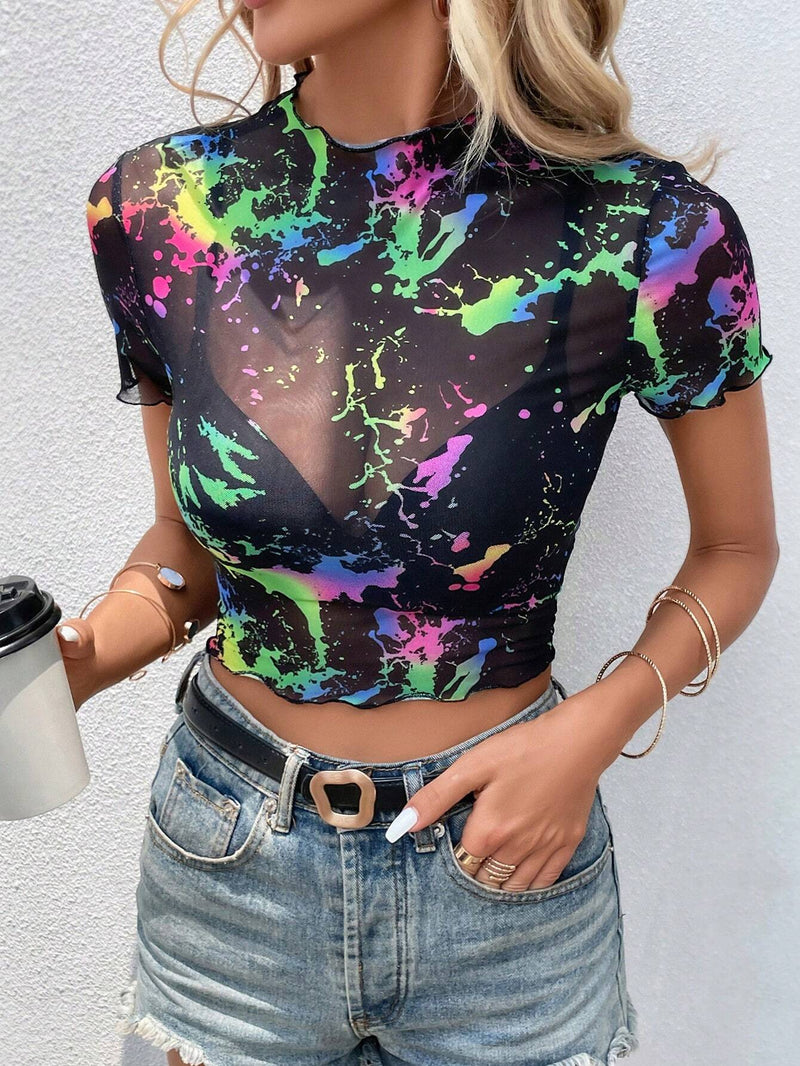 Unity Top con estampado de tinte de salpicadura ribete en forma de lechuga crop de malla sin Brasier