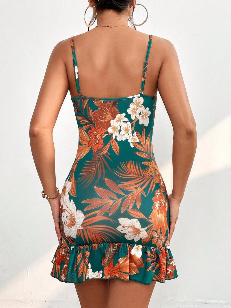 PETITE Vestido de tirantes con estampado tropical fruncido bajo con fruncido