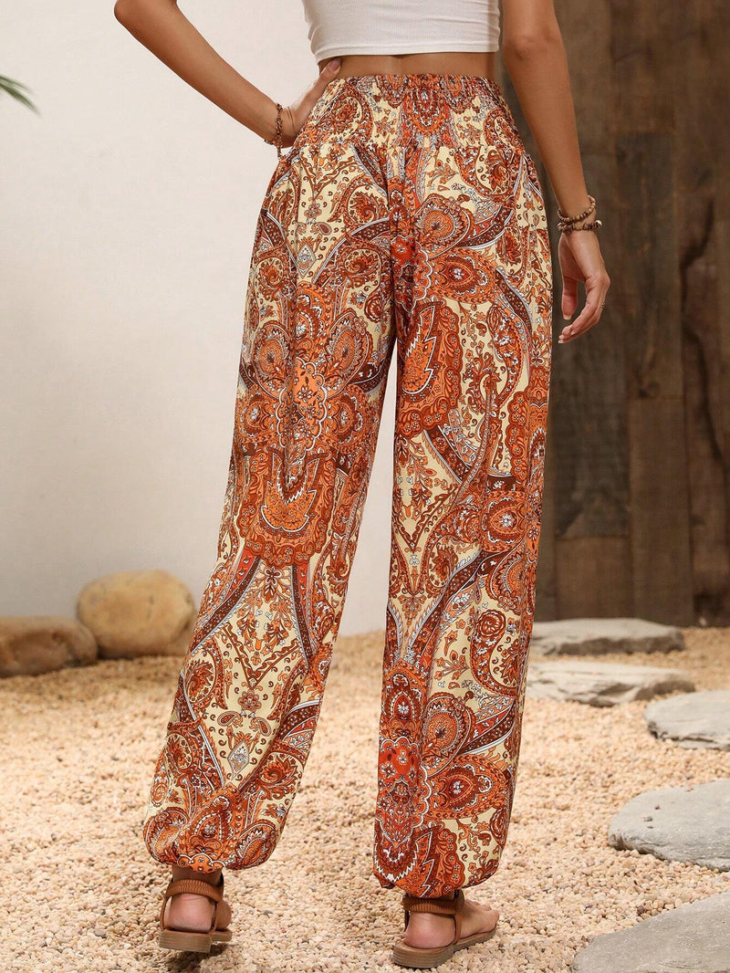 VCAY Pantalones con estampado de paisley de cintura fruncido