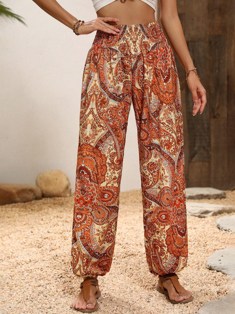 VCAY Pantalones con estampado de paisley de cintura fruncido