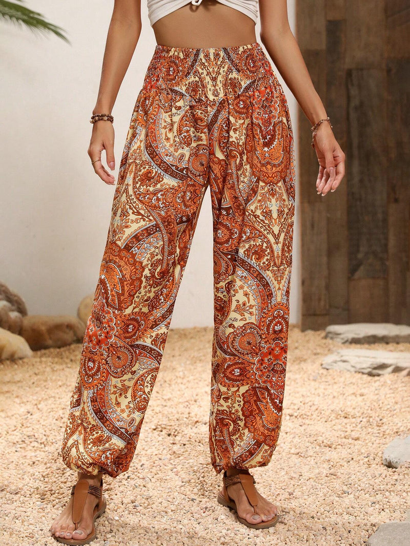 VCAY Pantalones con estampado de paisley de cintura fruncido