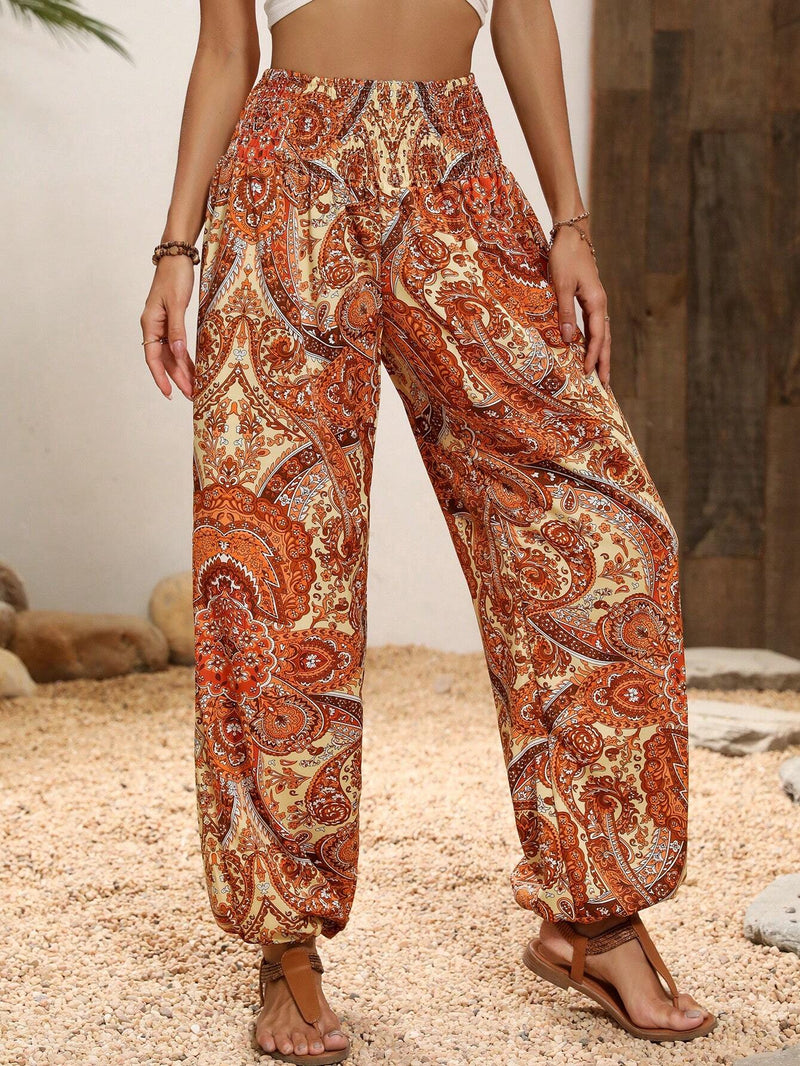 VCAY Pantalones con estampado de paisley de cintura fruncido