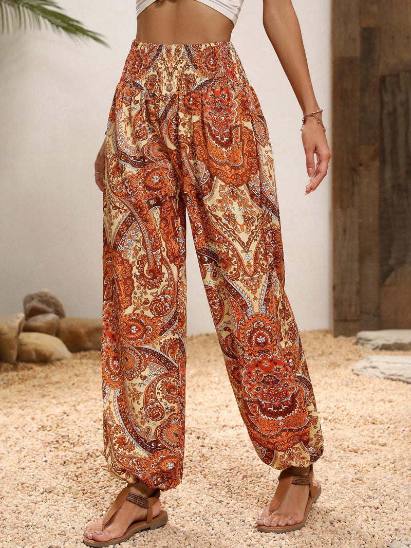 VCAY Pantalones con estampado de paisley de cintura fruncido