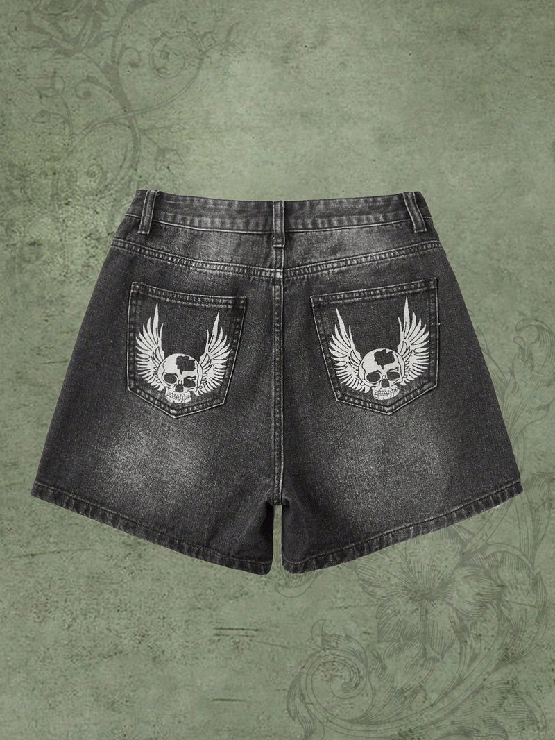 Grunge Punk Shorts en mezclilla de craneo & con estampado de ala