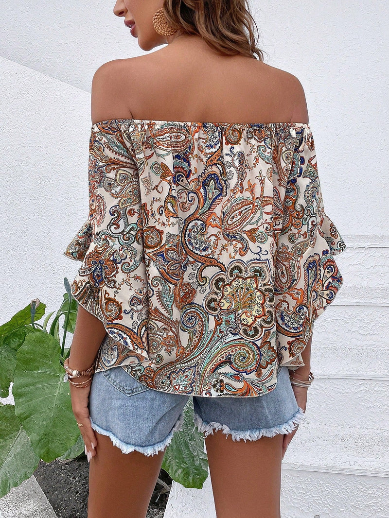 VCAY Blusa con estampado de paisley de hombros descubiertos de manga con volante