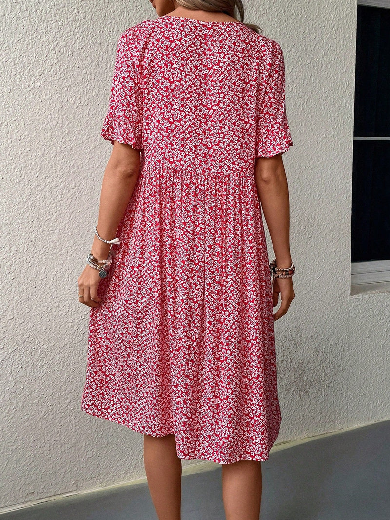 Vestido smock con estampado floral de manga con volante