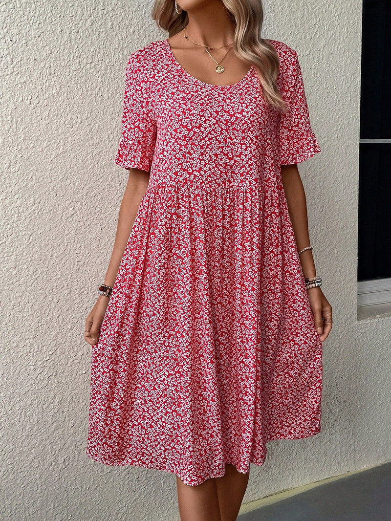 Vestido smock con estampado floral de manga con volante