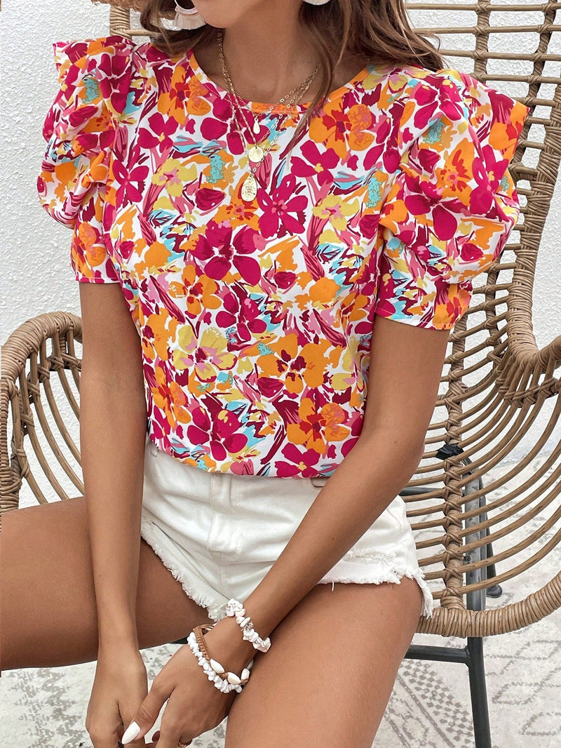 VCAY Blusa con estampado floral de manga farol