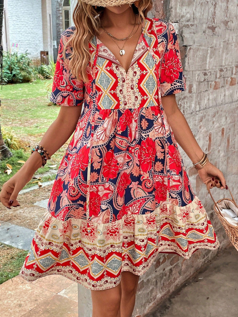 VCAY Vestido smock con estampado de paisley de cuello con cordon bajo con fruncido