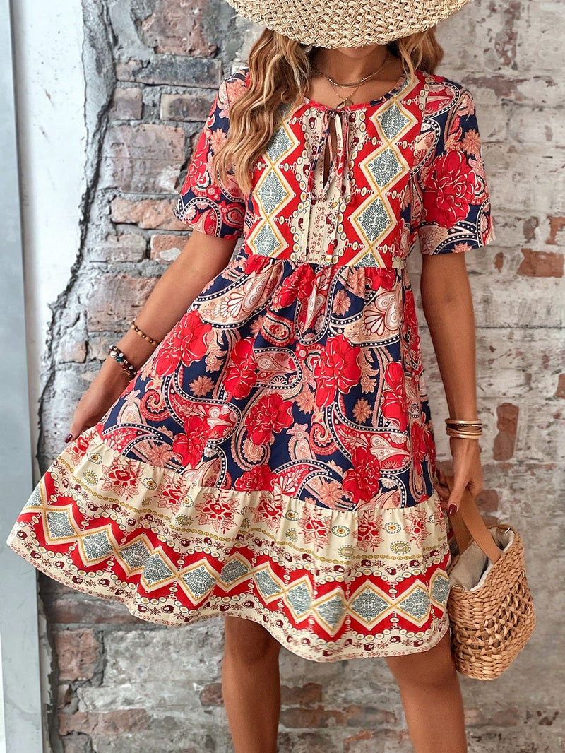 VCAY Vestido smock con estampado de paisley de cuello con cordon bajo con fruncido